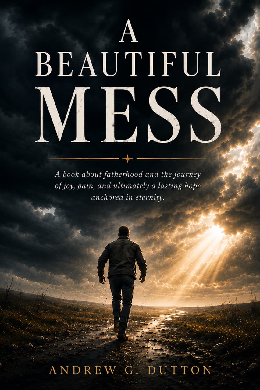 A Beautiful Mess by Andrew G. Dutton. A figure walks towards light breaking through storm clouds.
